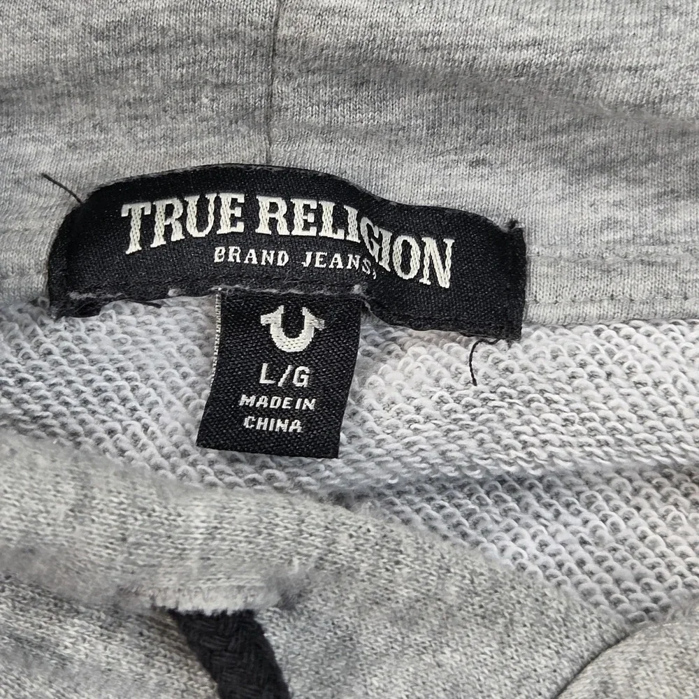 True Religion Hoodie Sweatshirt Mens Large Black Color Block Fleece Pullover